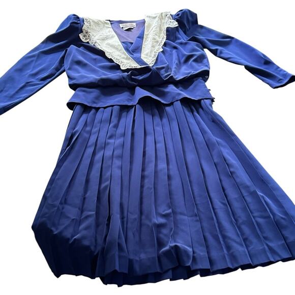 Vintage 80’s Fashion Lindsey Blake Blue Pleated Dress Long Sleeve Size 12 Retro - Picture 2 of 9